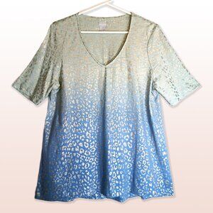 Chico’s Jersey V-Neck Knit Tunic Blue Ombre Sparkle Gold Animal Print Size L-XL